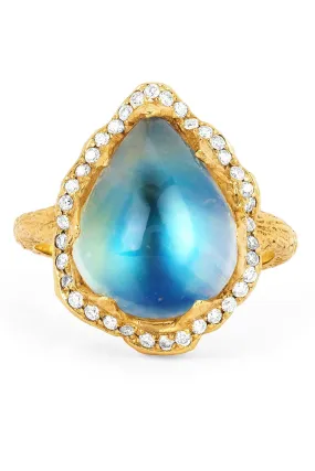 Queen Water Full Pavé Halo Drop Blue Moonstone Ring