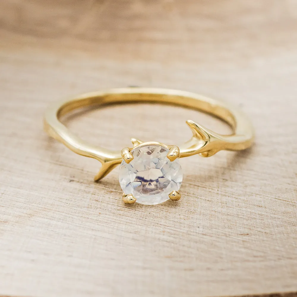 "ARTEMIS" - ROUND MOONSTONE ENGAGEMENT RING WITH ANTLER-STYLE BAND