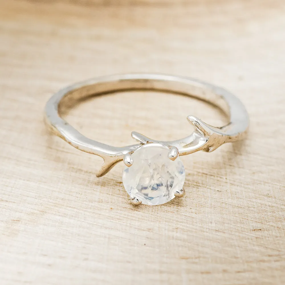 "ARTEMIS" - ROUND MOONSTONE ENGAGEMENT RING WITH ANTLER-STYLE BAND
