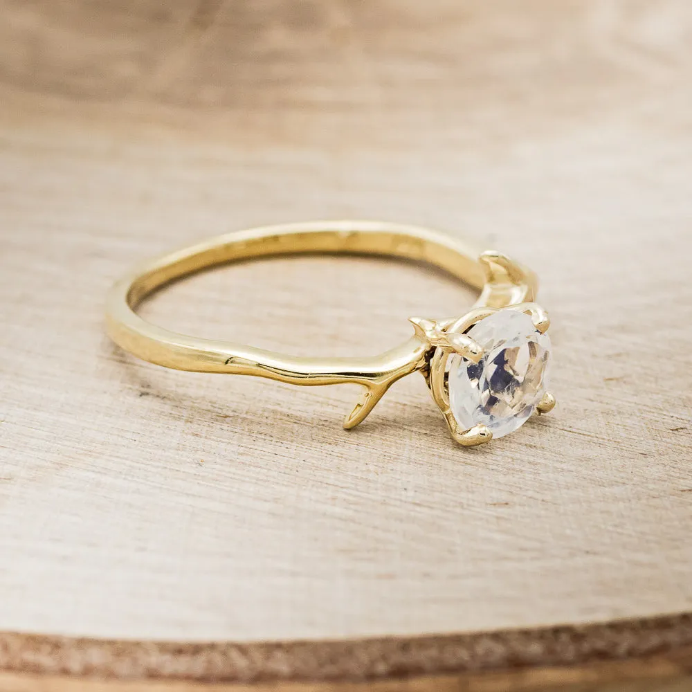 "ARTEMIS" - ROUND MOONSTONE ENGAGEMENT RING WITH ANTLER-STYLE BAND