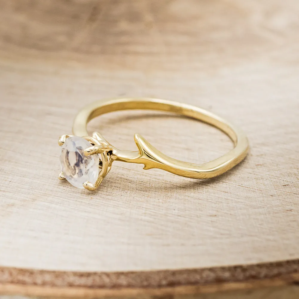 "ARTEMIS" - ROUND MOONSTONE ENGAGEMENT RING WITH ANTLER-STYLE BAND