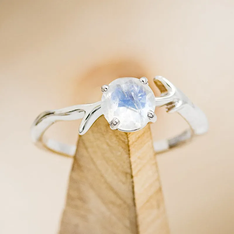 "ARTEMIS" - ROUND MOONSTONE ENGAGEMENT RING WITH ANTLER-STYLE BAND