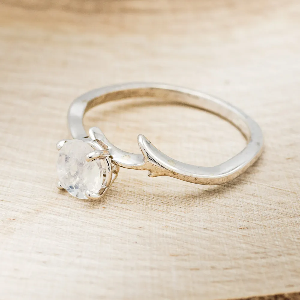 "ARTEMIS" - ROUND MOONSTONE ENGAGEMENT RING WITH ANTLER-STYLE BAND