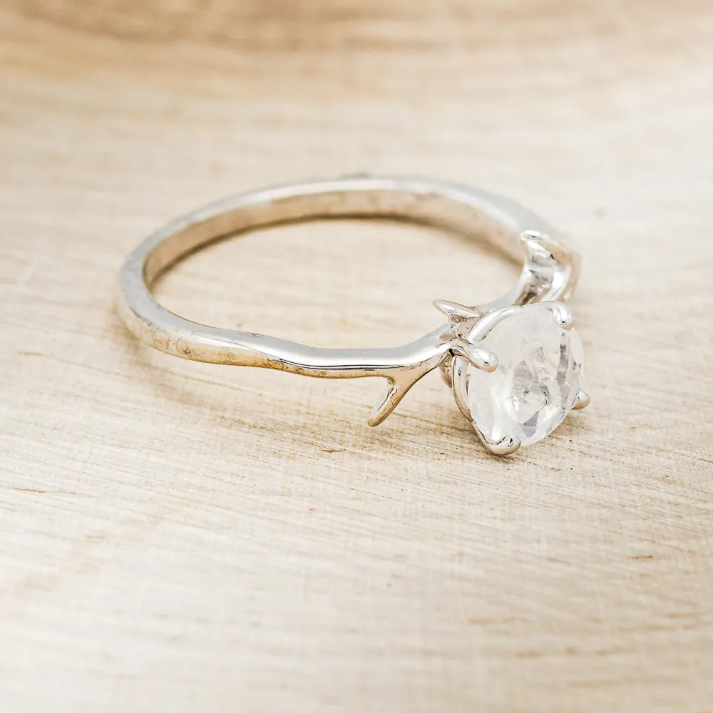 "ARTEMIS" - ROUND MOONSTONE ENGAGEMENT RING WITH ANTLER-STYLE BAND