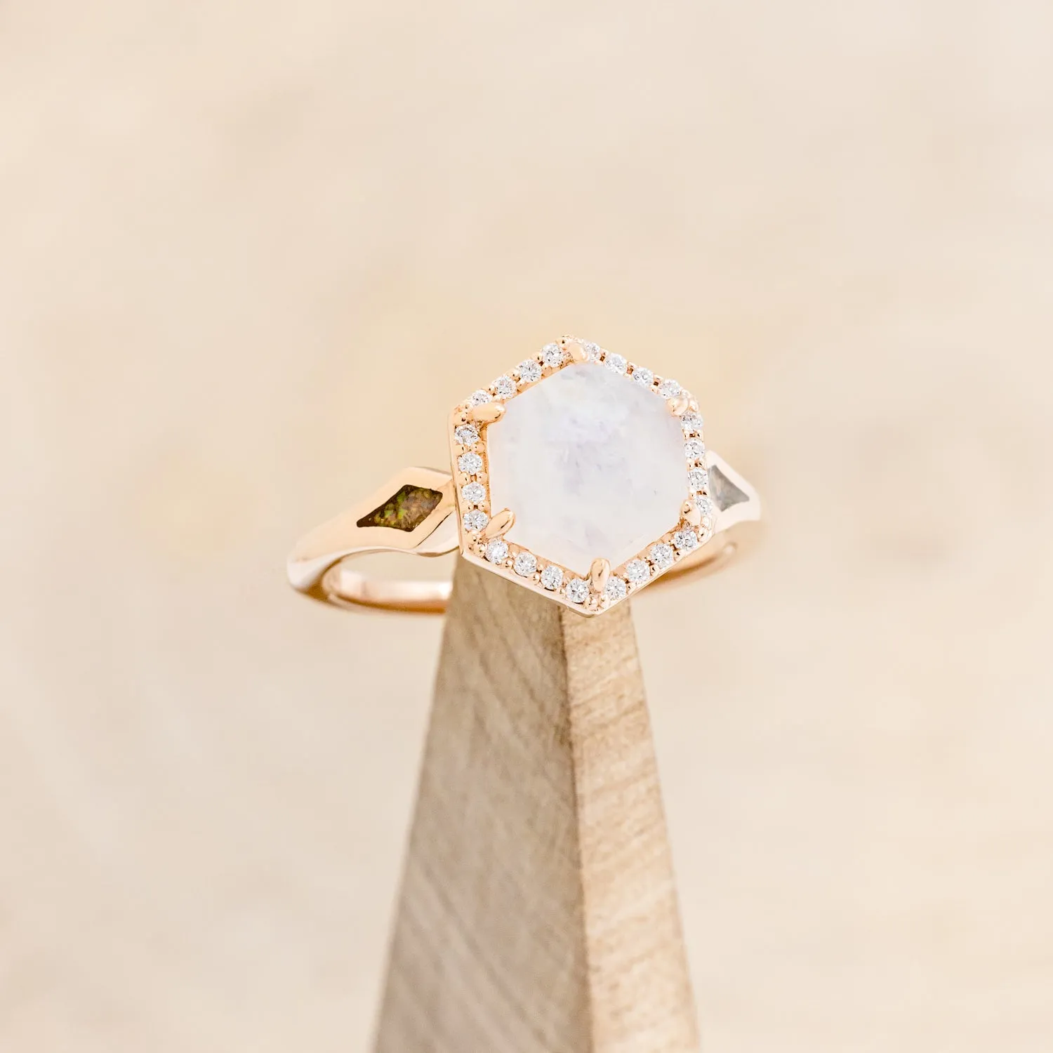 "CRAZY ON YOU" - HEXAGON MOONSTONE ENGAGEMENT RING WITH DIAMOND HALO & WHITE OPAL INLAYS