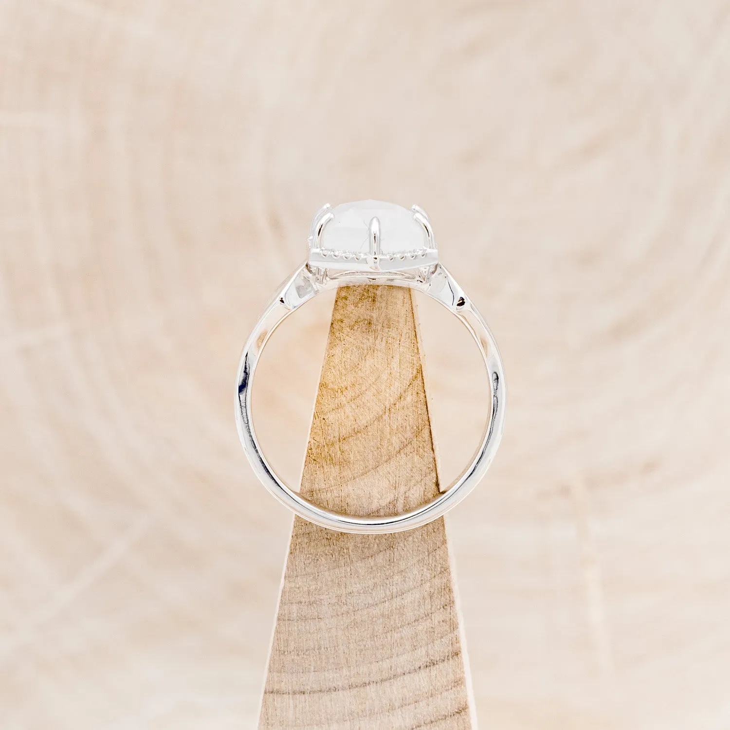 "CRAZY ON YOU" - HEXAGON MOONSTONE ENGAGEMENT RING WITH DIAMOND HALO & WHITE OPAL INLAYS