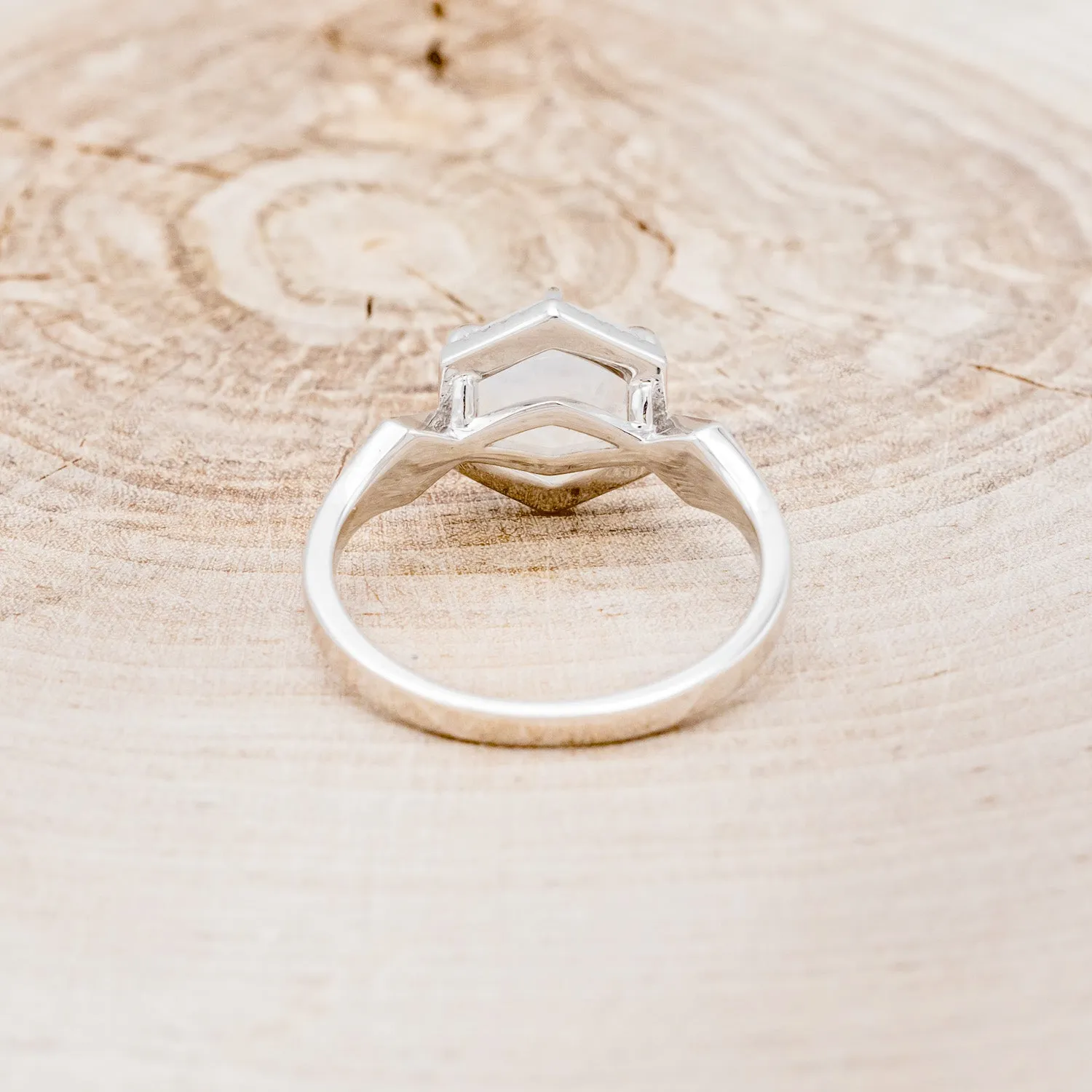 "CRAZY ON YOU" - HEXAGON MOONSTONE ENGAGEMENT RING WITH DIAMOND HALO & WHITE OPAL INLAYS