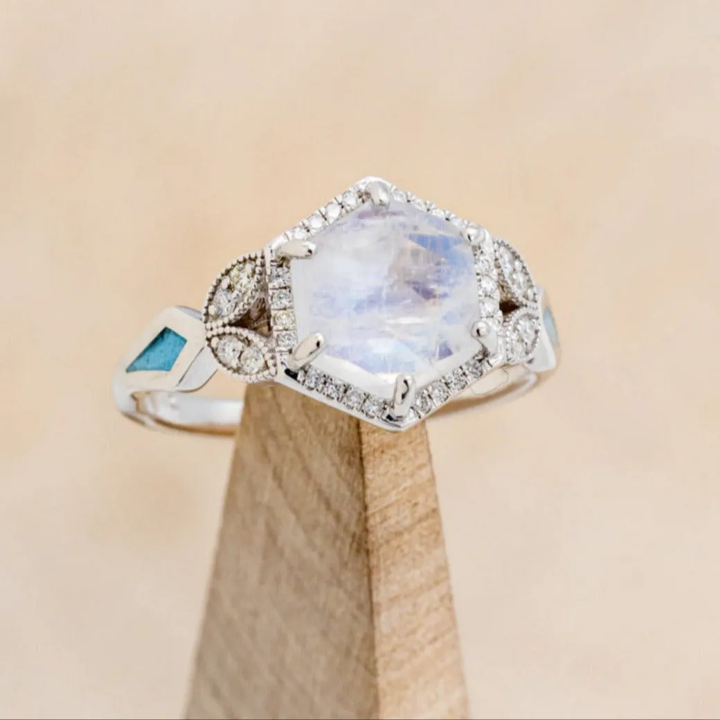 "LUCY IN THE SKY" - FACETED HEXAGON CUT MOONSTONE ENGAGEMENT RING WITH DIAMOND HALO & TURQUOISE INLAYS