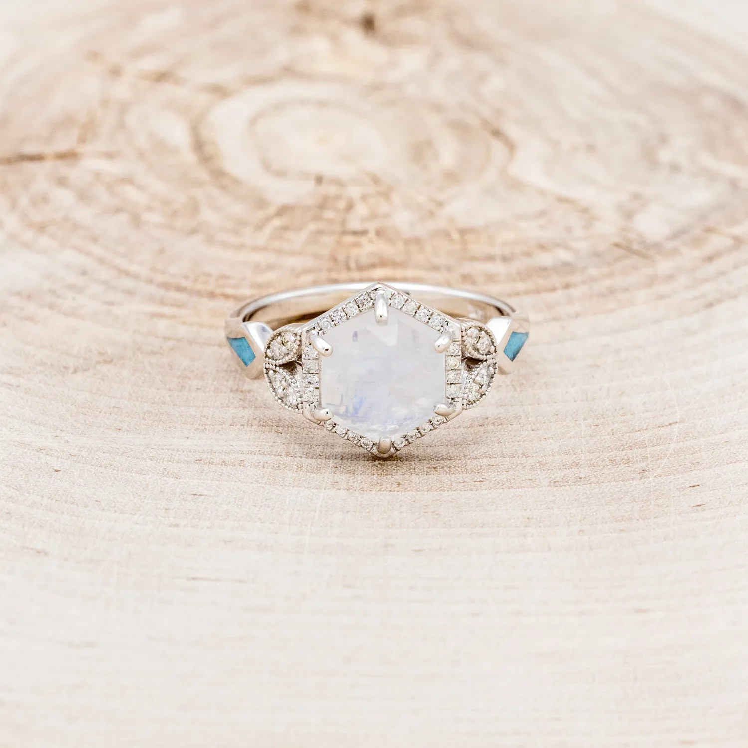 "LUCY IN THE SKY" - FACETED HEXAGON CUT MOONSTONE ENGAGEMENT RING WITH DIAMOND HALO & TURQUOISE INLAYS