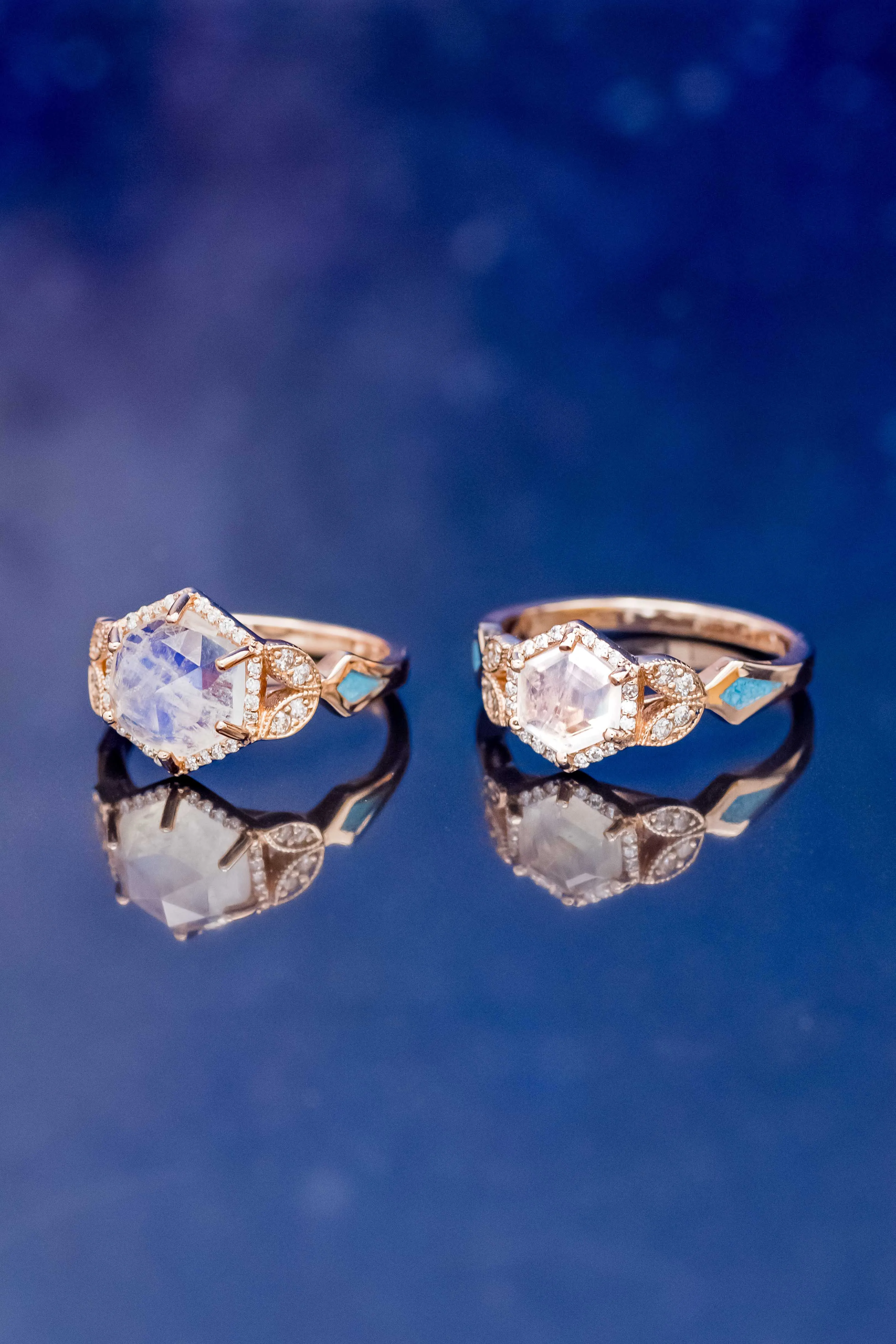 "LUCY IN THE SKY" - FACETED HEXAGON CUT MOONSTONE ENGAGEMENT RING WITH DIAMOND HALO & TURQUOISE INLAYS