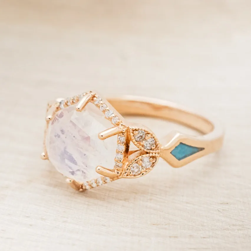 "LUCY IN THE SKY" - FACETED HEXAGON CUT MOONSTONE ENGAGEMENT RING WITH DIAMOND HALO & TURQUOISE INLAYS