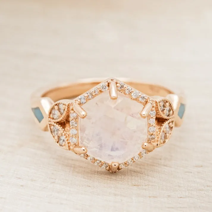 "LUCY IN THE SKY" - FACETED HEXAGON CUT MOONSTONE ENGAGEMENT RING WITH DIAMOND HALO & TURQUOISE INLAYS