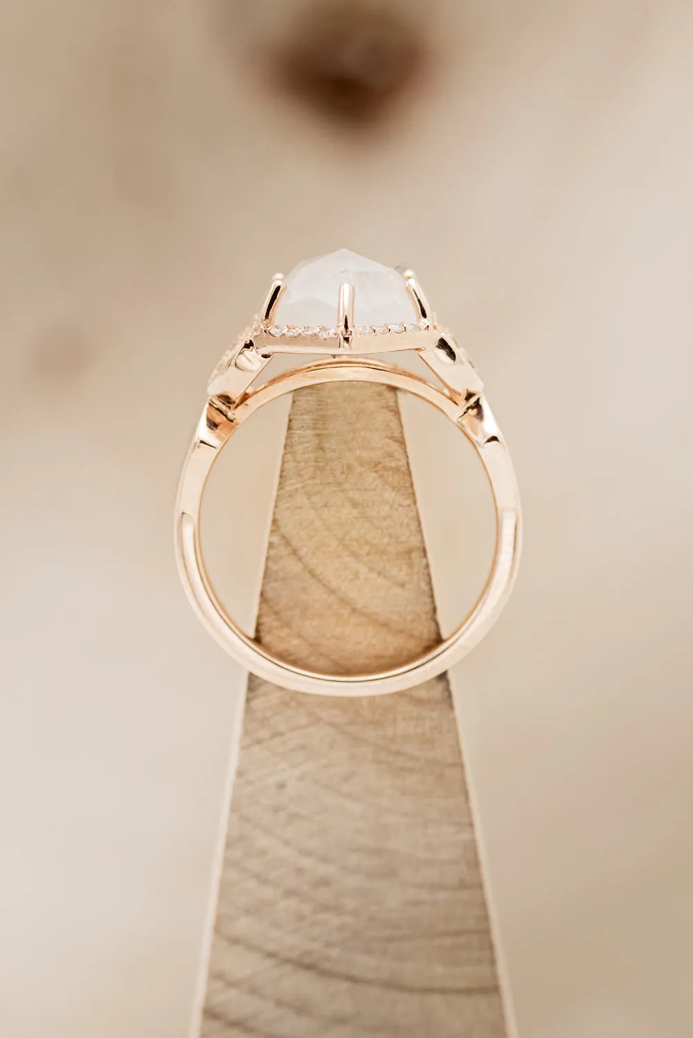 "LUCY IN THE SKY" - FACETED HEXAGON CUT MOONSTONE ENGAGEMENT RING WITH DIAMOND HALO & TURQUOISE INLAYS