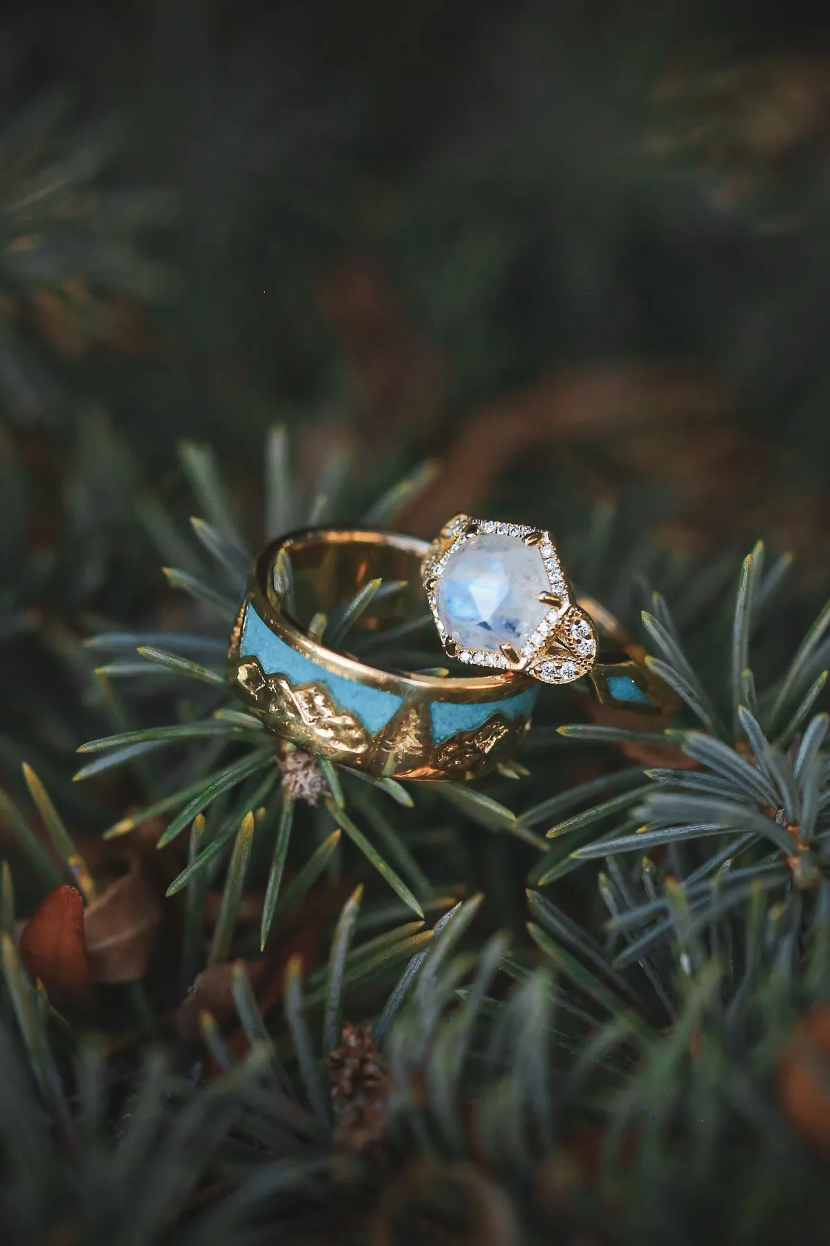 "LUCY IN THE SKY" - FACETED HEXAGON CUT MOONSTONE ENGAGEMENT RING WITH DIAMOND HALO & TURQUOISE INLAYS