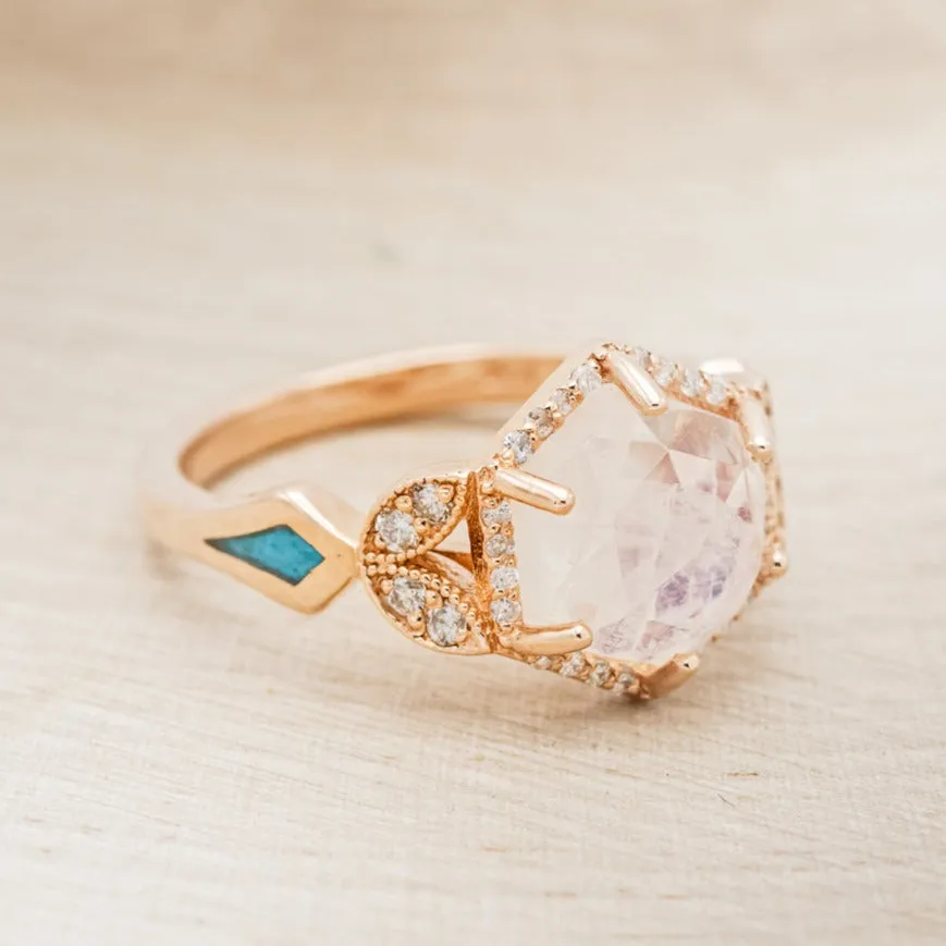 "LUCY IN THE SKY" - FACETED HEXAGON CUT MOONSTONE ENGAGEMENT RING WITH DIAMOND HALO & TURQUOISE INLAYS