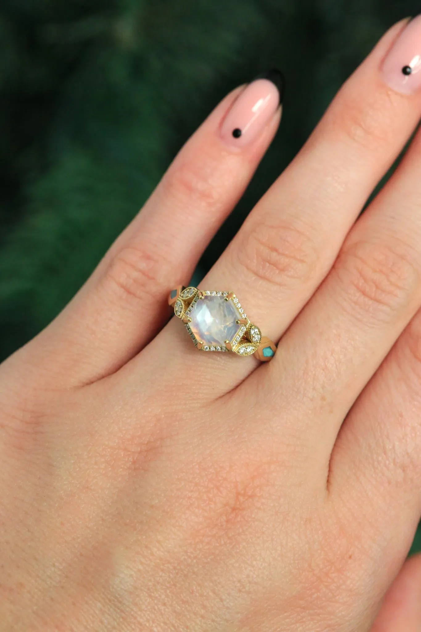 "LUCY IN THE SKY" - FACETED HEXAGON CUT MOONSTONE ENGAGEMENT RING WITH DIAMOND HALO & TURQUOISE INLAYS