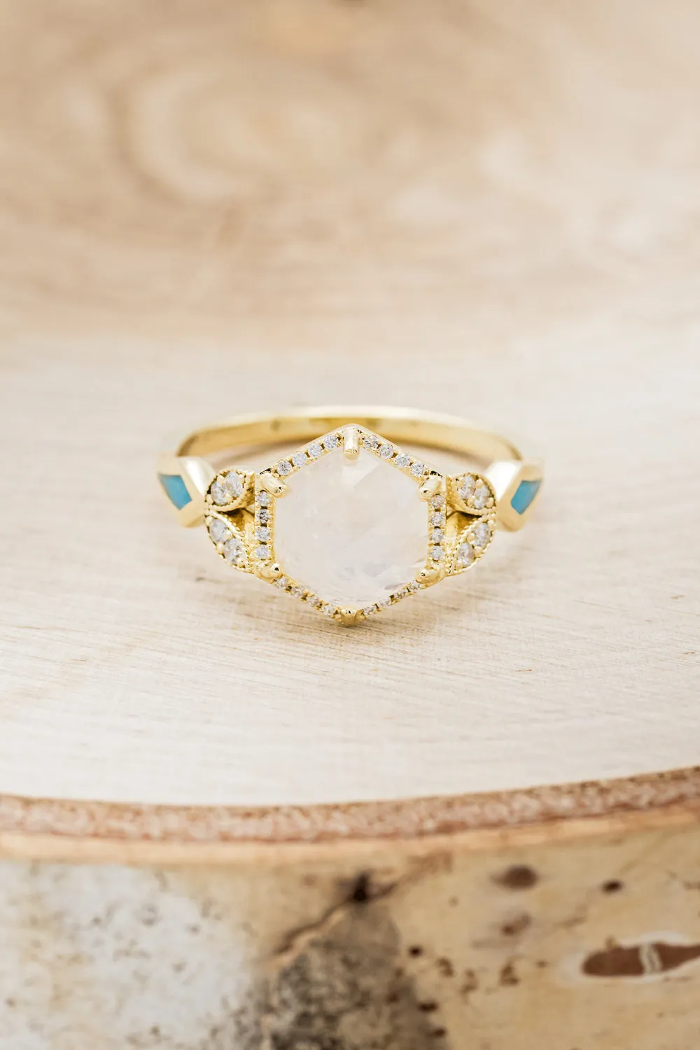 "LUCY IN THE SKY" - FACETED HEXAGON CUT MOONSTONE ENGAGEMENT RING WITH DIAMOND HALO & TURQUOISE INLAYS