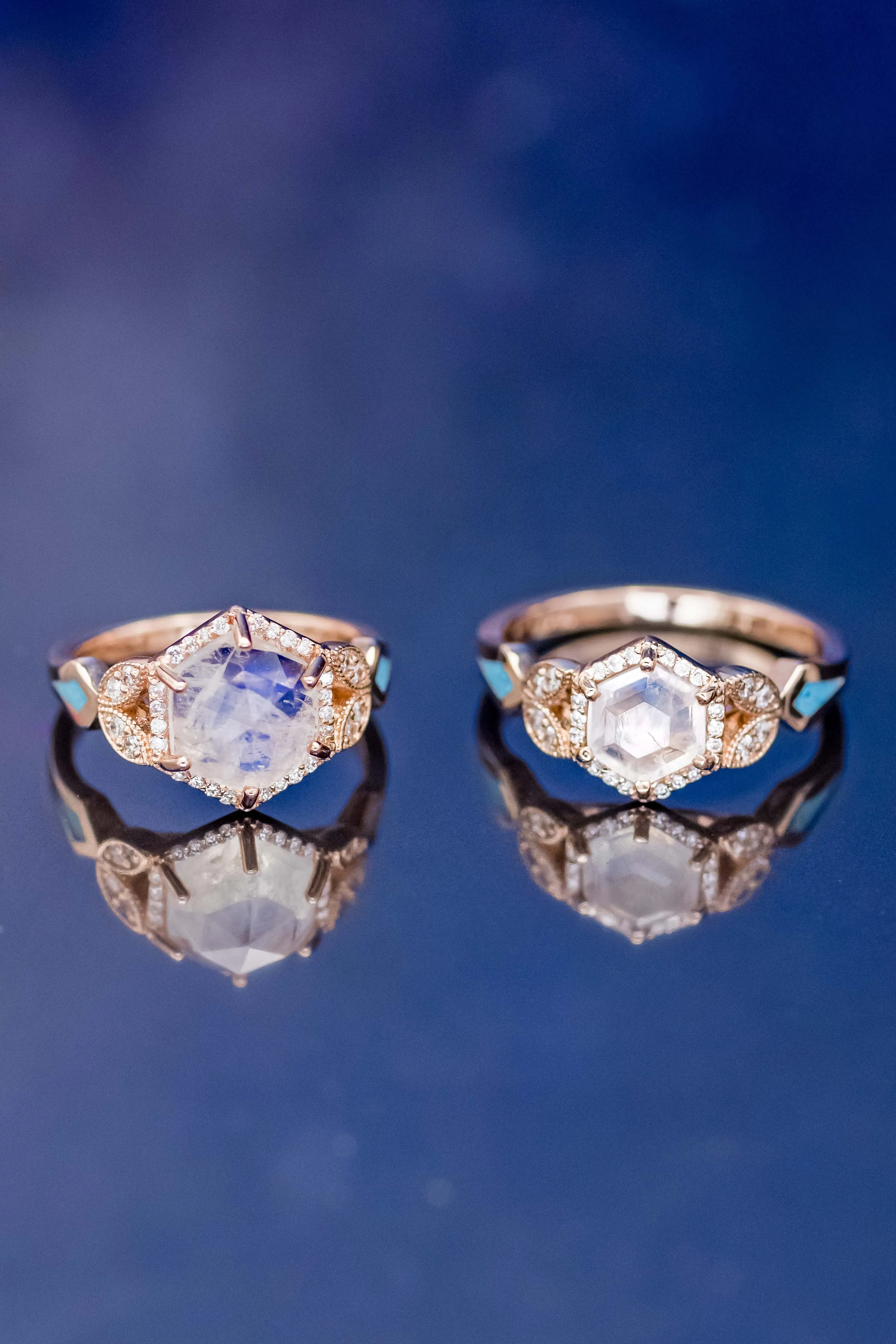 "LUCY IN THE SKY" - FACETED HEXAGON CUT MOONSTONE ENGAGEMENT RING WITH DIAMOND HALO & TURQUOISE INLAYS