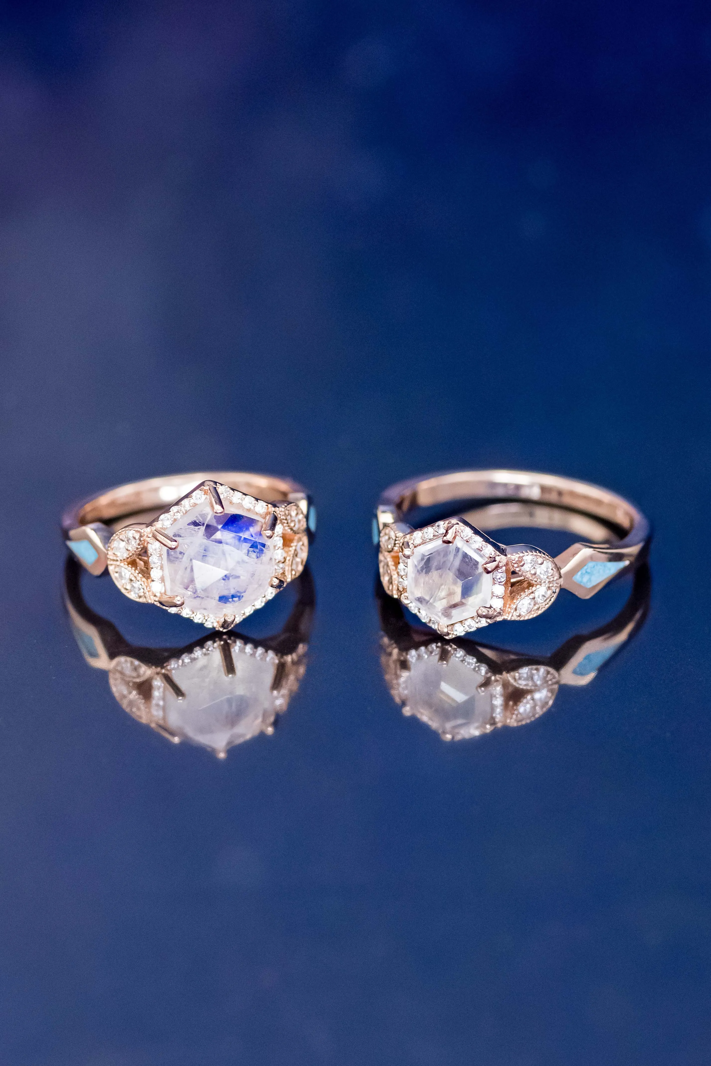 "LUCY IN THE SKY" - FACETED HEXAGON CUT MOONSTONE ENGAGEMENT RING WITH DIAMOND HALO & TURQUOISE INLAYS