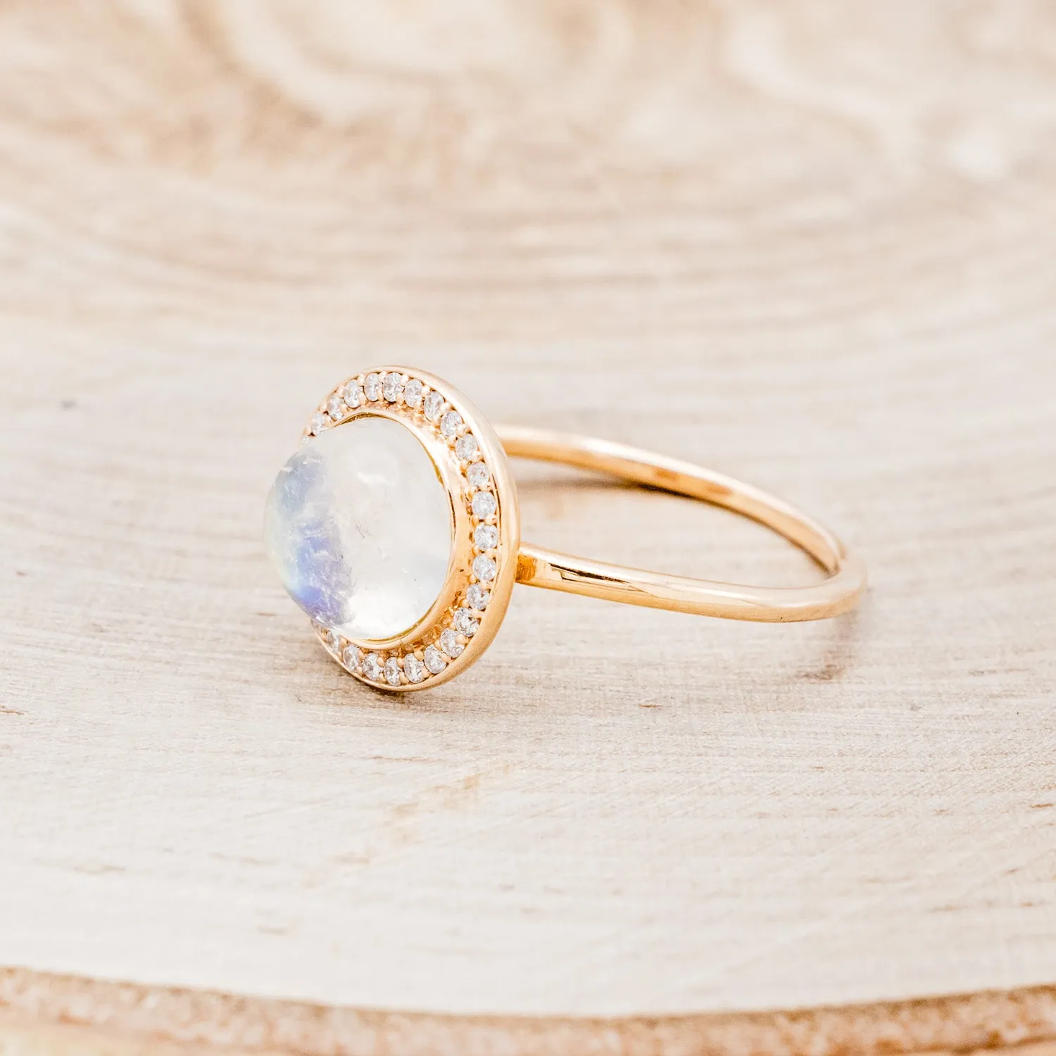 "TERRA" - ROUND CABOCHON CUT MOONSTONE ENGAGEMENT RING WITH DIAMOND HALO