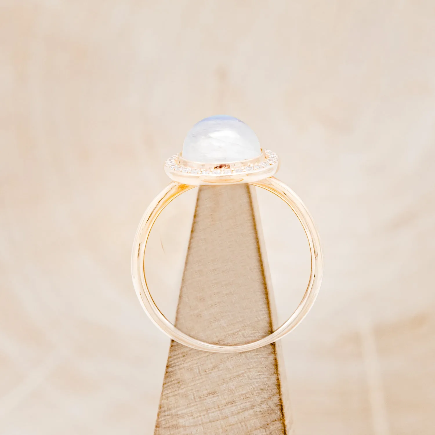 "TERRA" - ROUND CABOCHON CUT MOONSTONE ENGAGEMENT RING WITH DIAMOND HALO