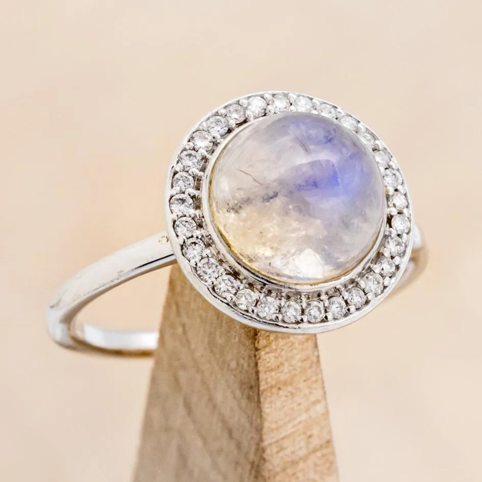 "TERRA" - ROUND CABOCHON CUT MOONSTONE ENGAGEMENT RING WITH DIAMOND HALO