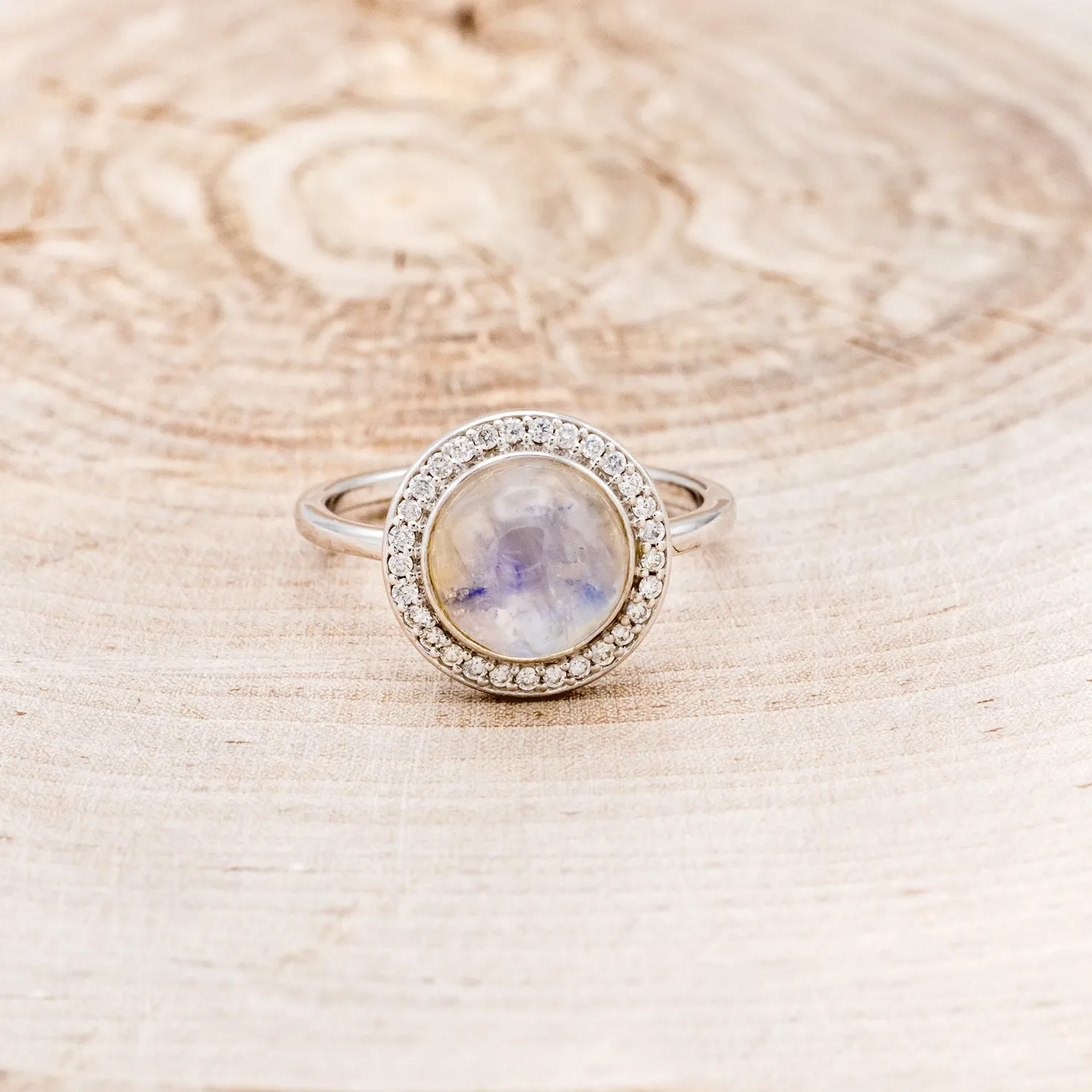"TERRA" - ROUND CABOCHON CUT MOONSTONE ENGAGEMENT RING WITH DIAMOND HALO