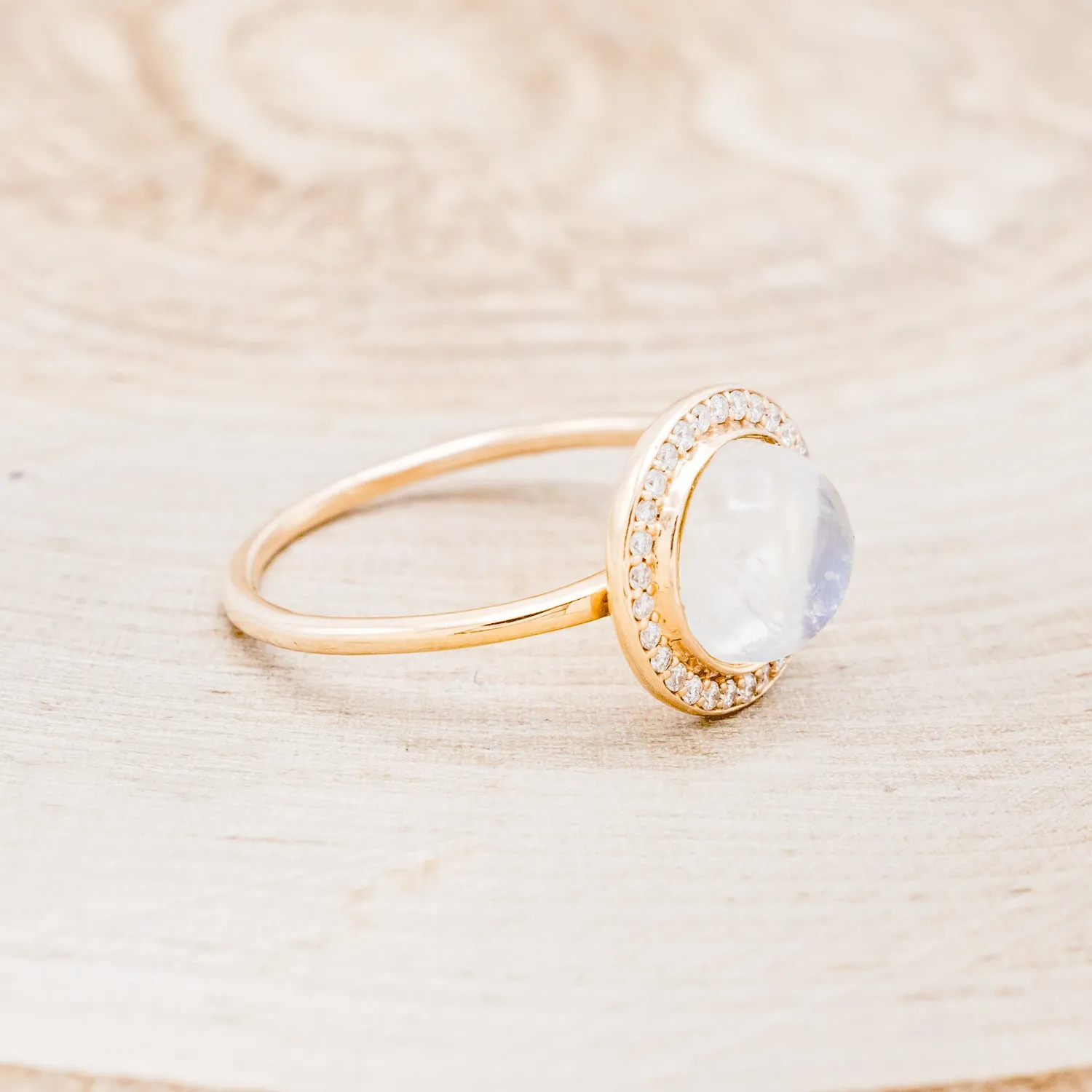 "TERRA" - ROUND CABOCHON CUT MOONSTONE ENGAGEMENT RING WITH DIAMOND HALO