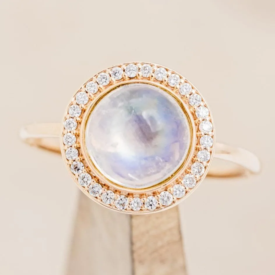 "TERRA" - ROUND CABOCHON CUT MOONSTONE ENGAGEMENT RING WITH DIAMOND HALO