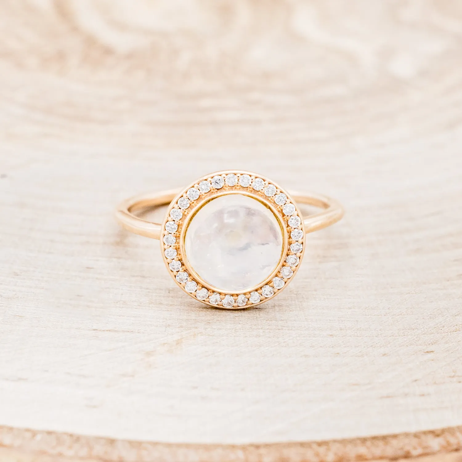 "TERRA" - ROUND CABOCHON CUT MOONSTONE ENGAGEMENT RING WITH DIAMOND HALO