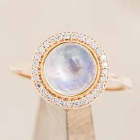 "TERRA" - ROUND CABOCHON CUT MOONSTONE ENGAGEMENT RING WITH DIAMOND HALO