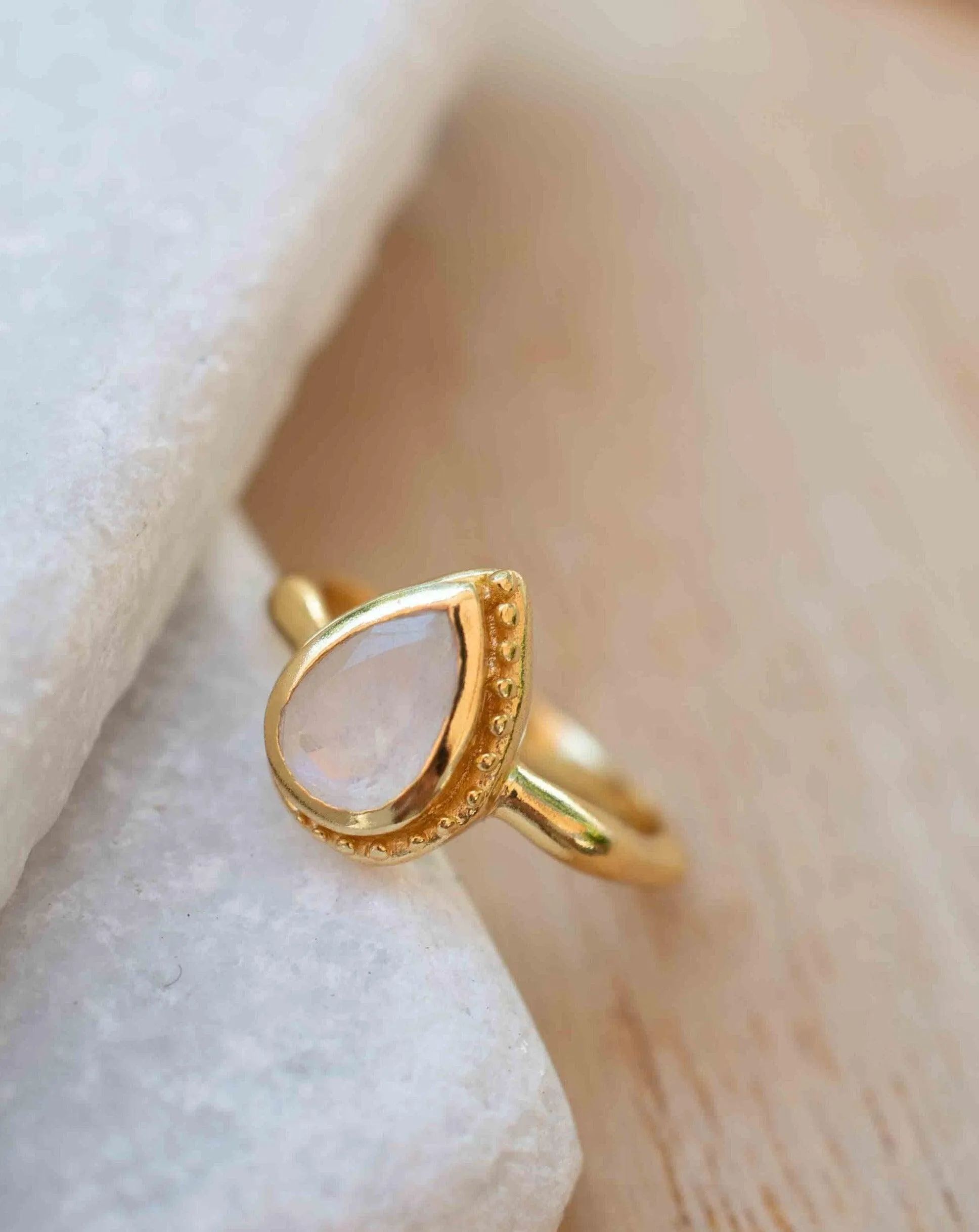 Rainbow Moonstone Tear Drop Ring ~ 18k Gold Plated ~ MR311