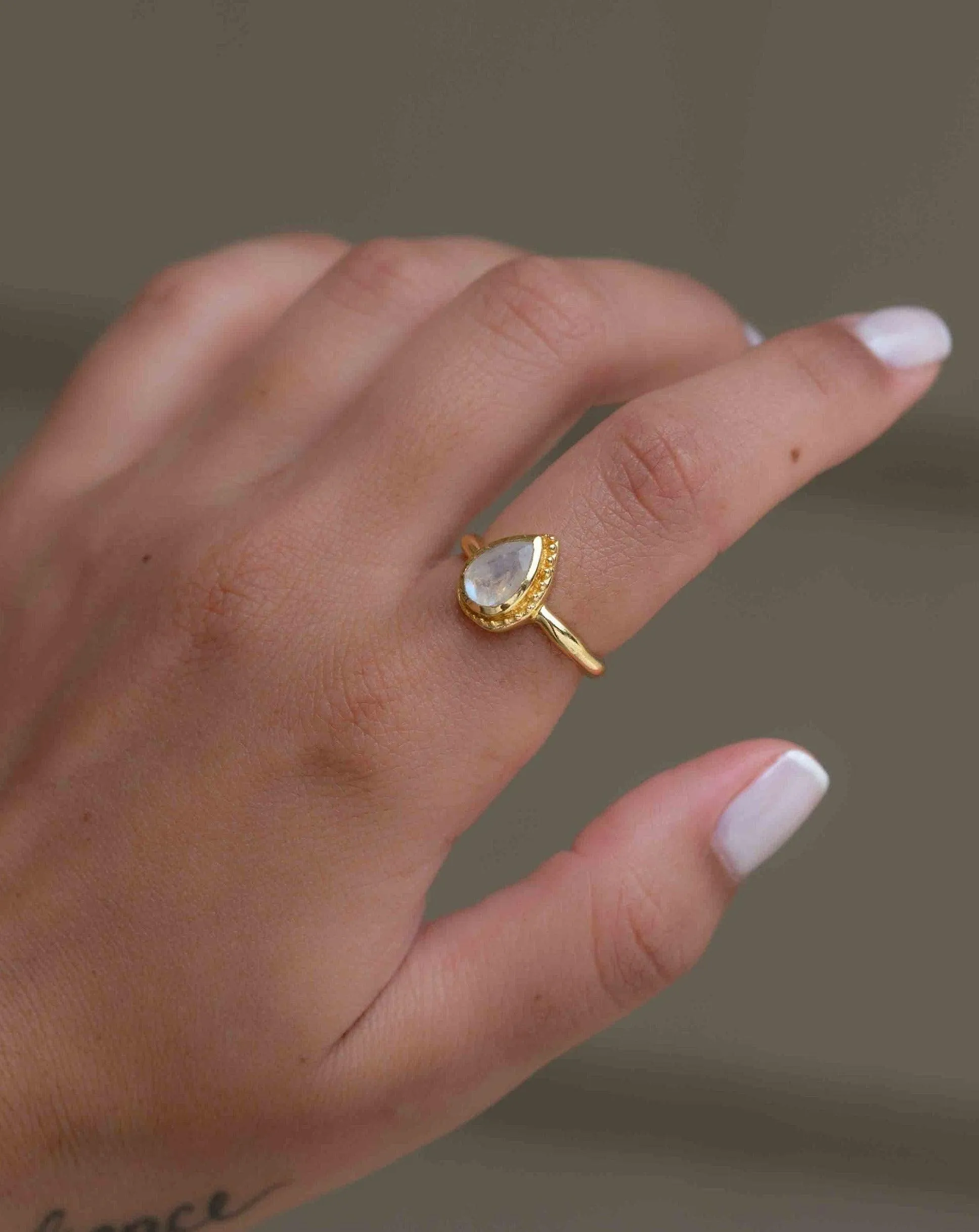 Rainbow Moonstone Tear Drop Ring ~ 18k Gold Plated ~ MR311