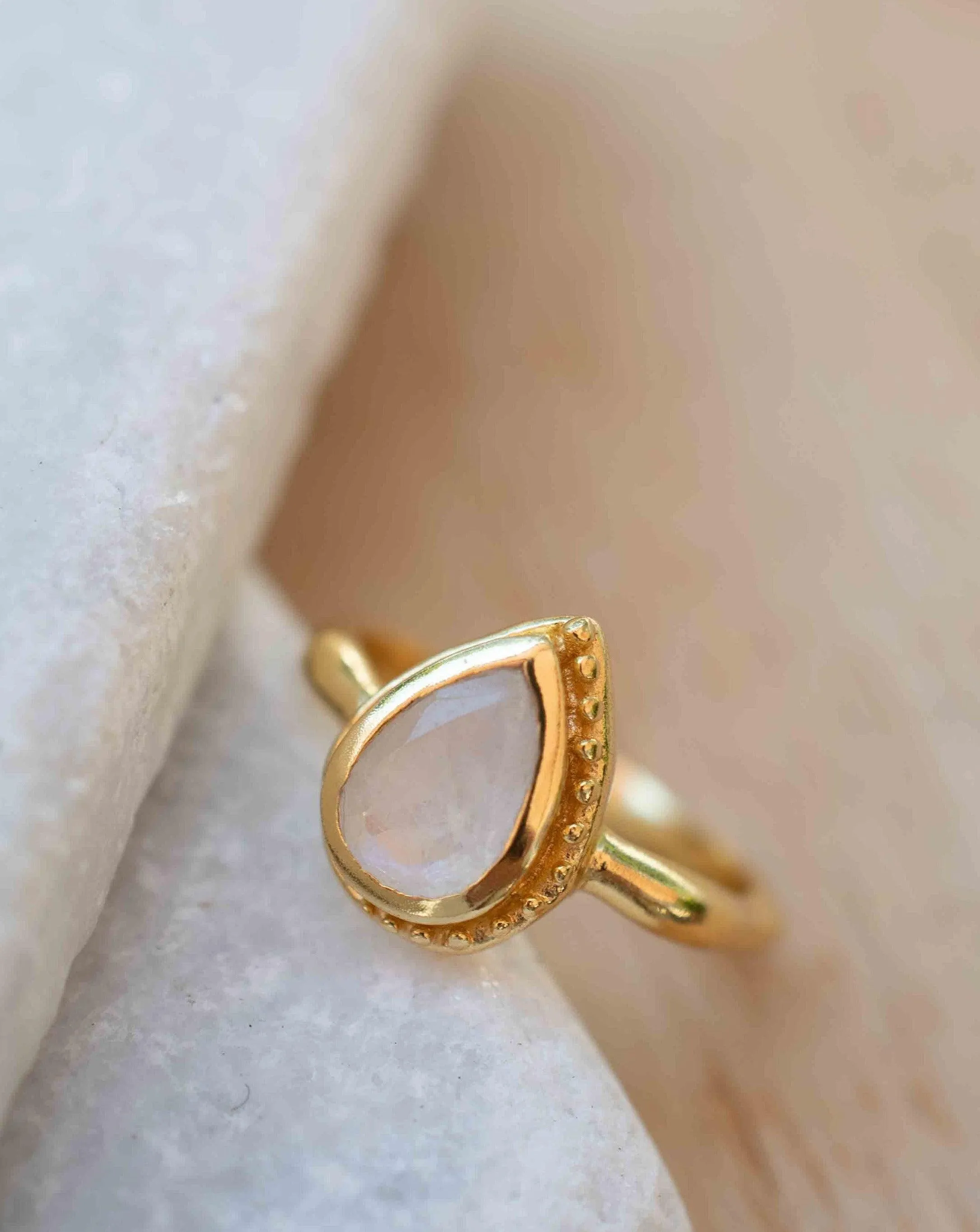 Rainbow Moonstone Tear Drop Ring ~ 18k Gold Plated ~ MR311