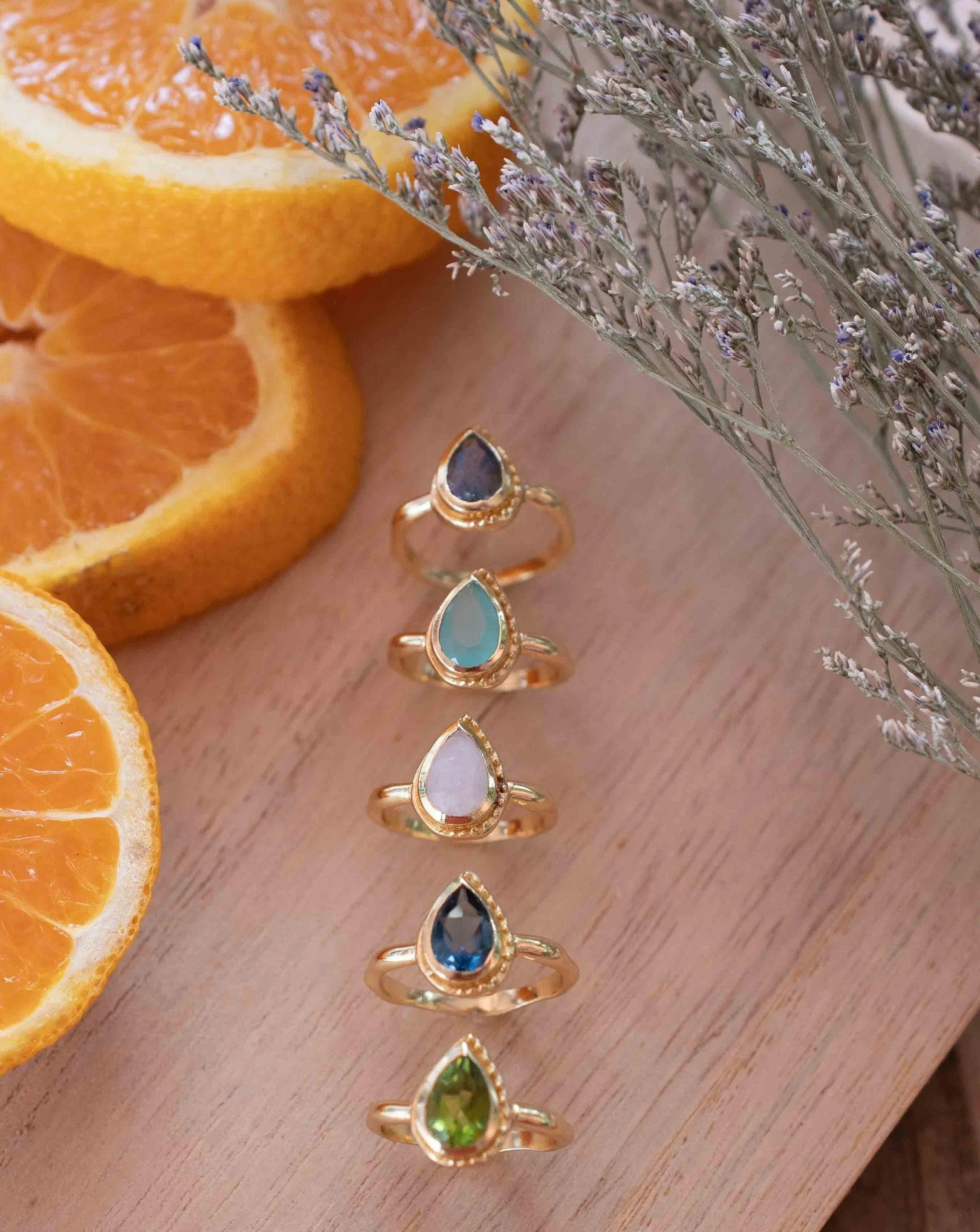 Rainbow Moonstone Tear Drop Ring ~ 18k Gold Plated ~ MR311