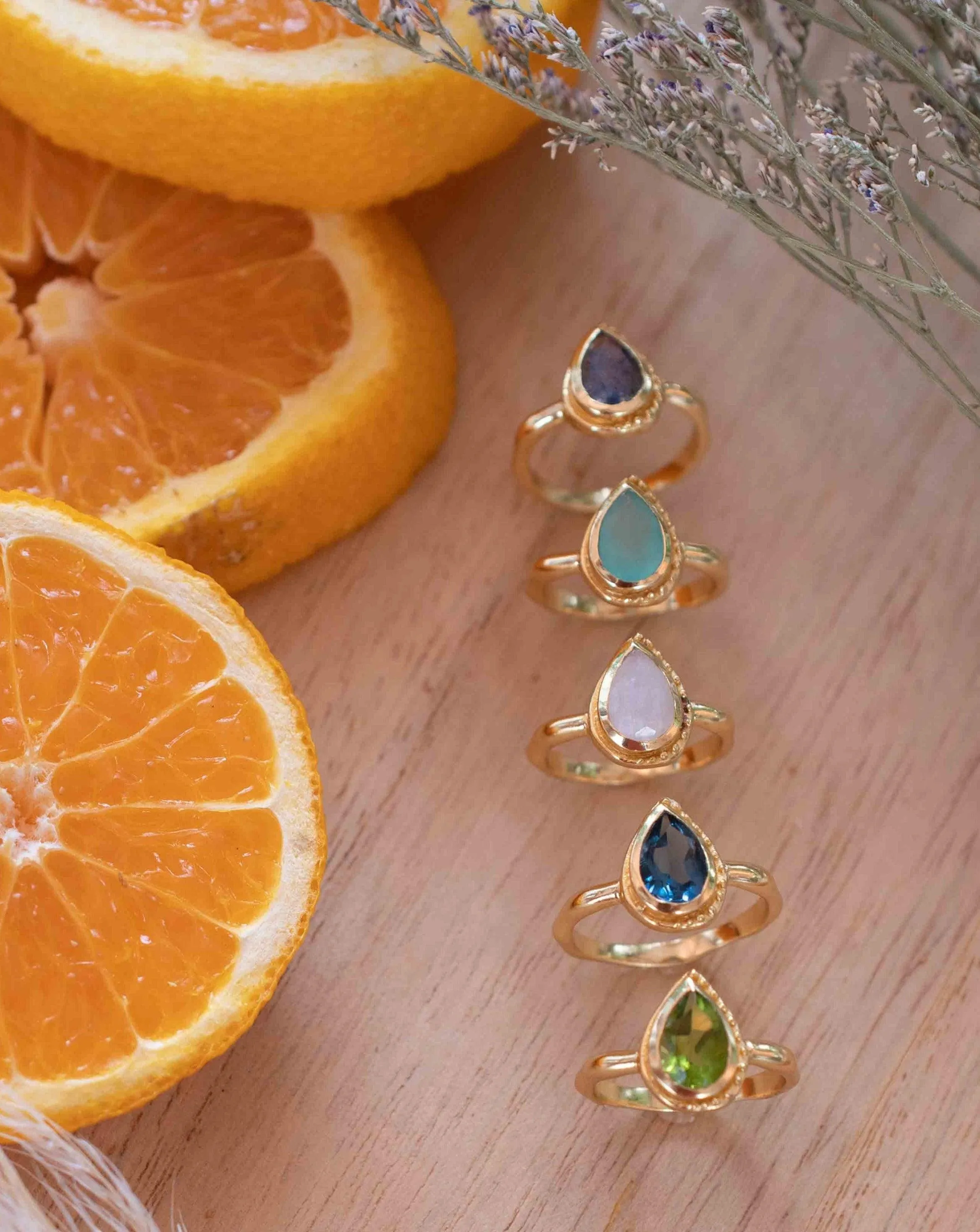 Rainbow Moonstone Tear Drop Ring ~ 18k Gold Plated ~ MR311