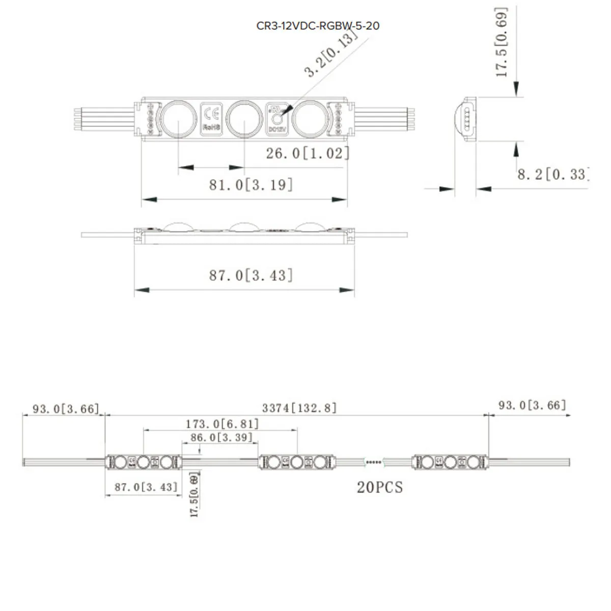 RGBW LED Channel Ray, 3 LEDs, 20 Modules, 12VDC