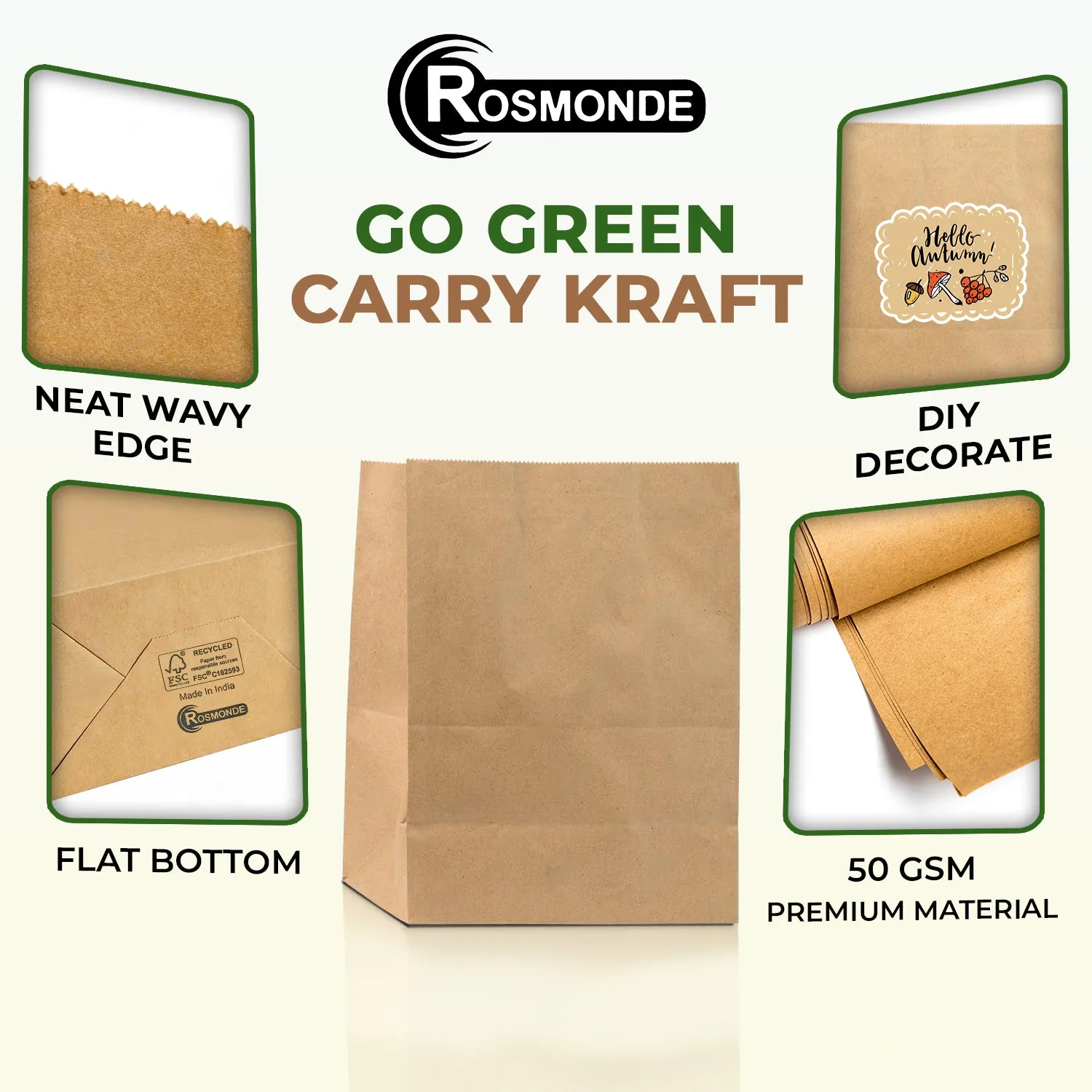 Rosmonde Kraft Paper Take Out Bag, 10.24" x 6" x 14", Brown Gift Wrapping & Grocery Bags Bulk