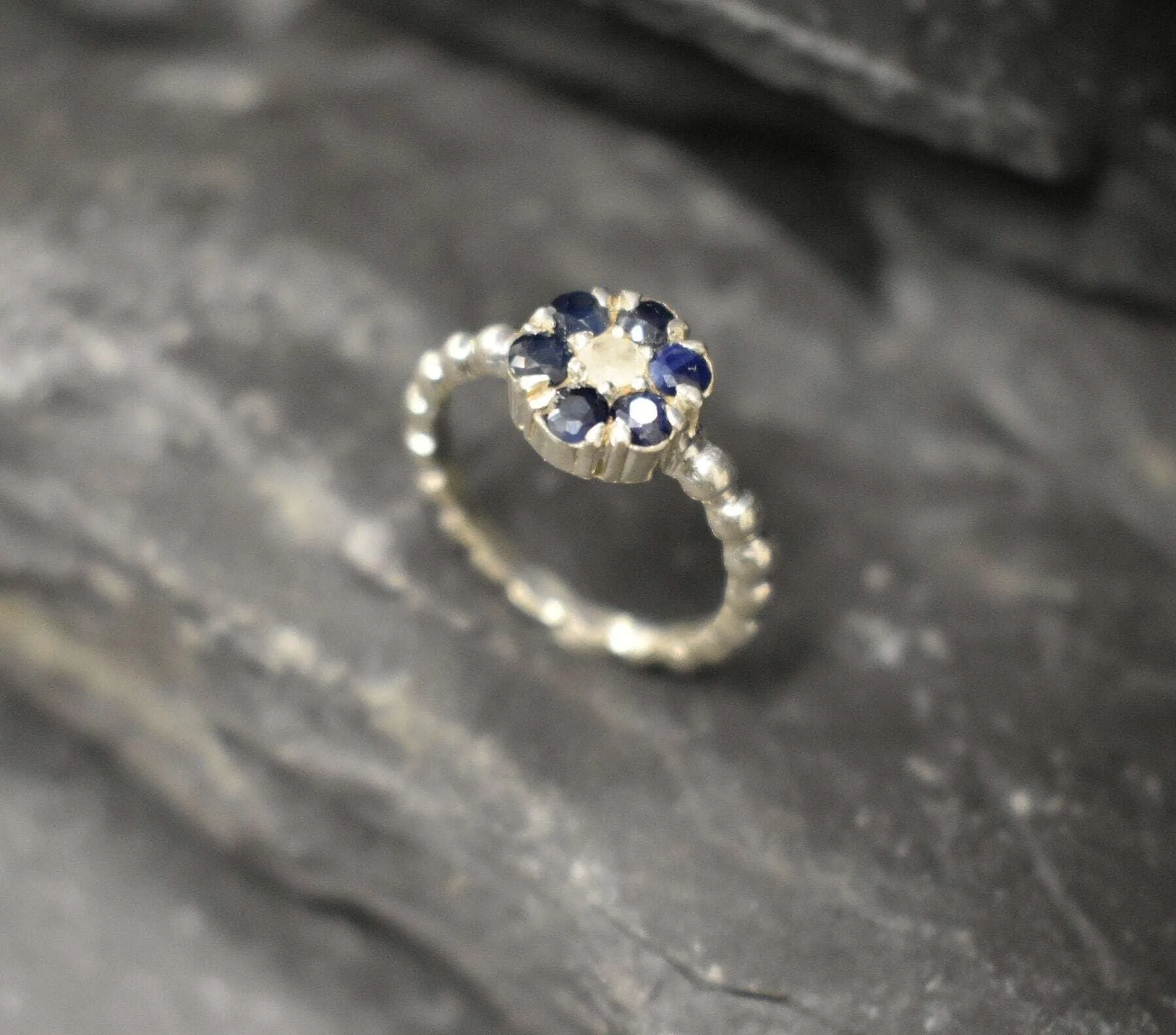 Sapphire Flower Ring - Daisy Silver Ring - Dainty Moonstone Ring