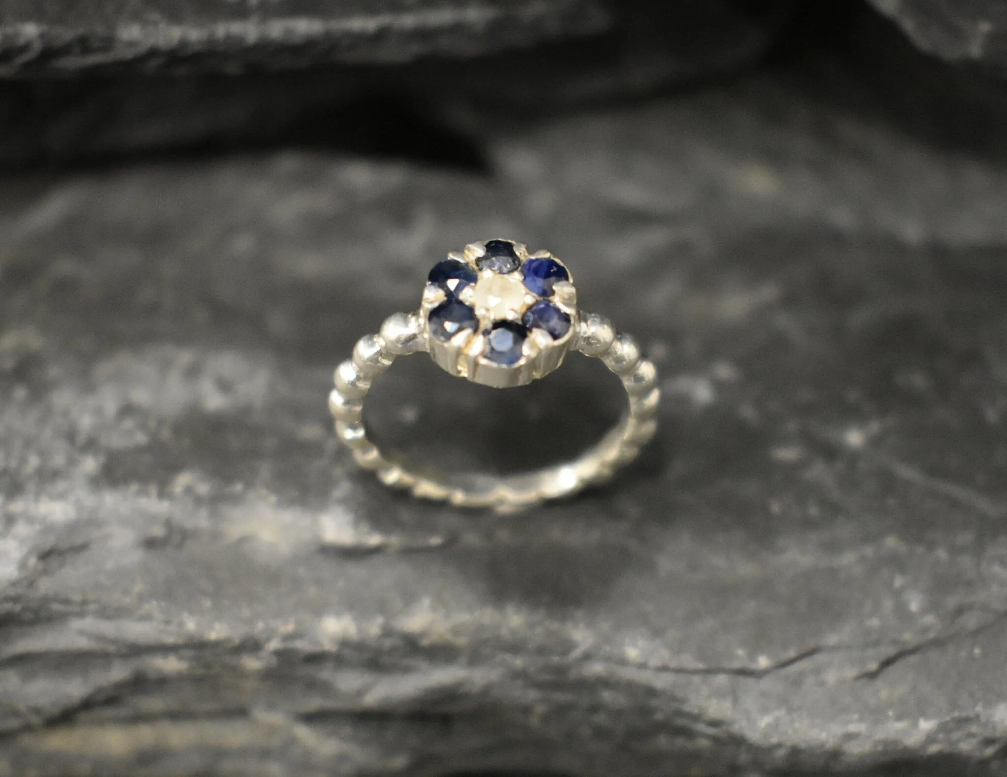 Sapphire Flower Ring - Daisy Silver Ring - Dainty Moonstone Ring