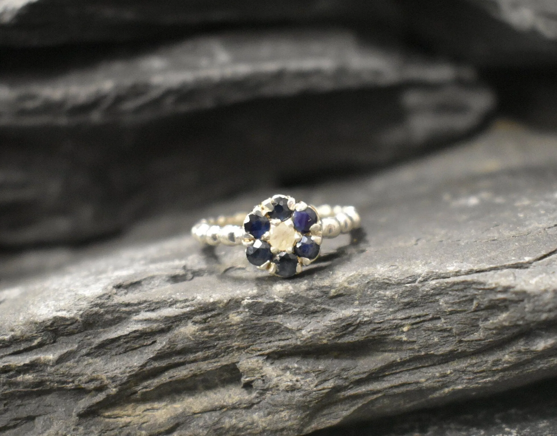 Sapphire Flower Ring - Daisy Silver Ring - Dainty Moonstone Ring