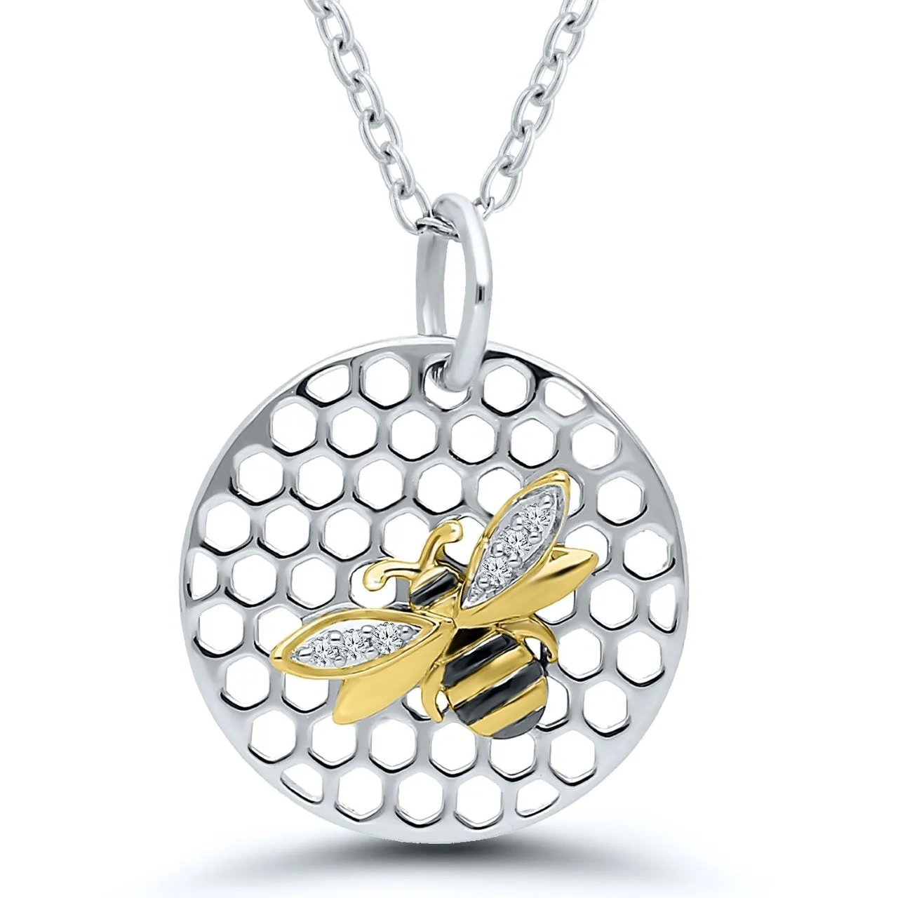 Sterling Silver & 10K Yellow Gold Diamond Bee and Honeycomb Necklace