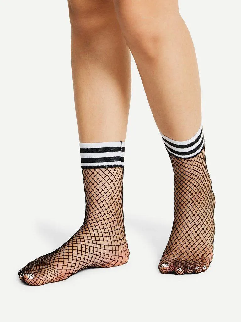 Striped Trim Fishnet Ankle Socks