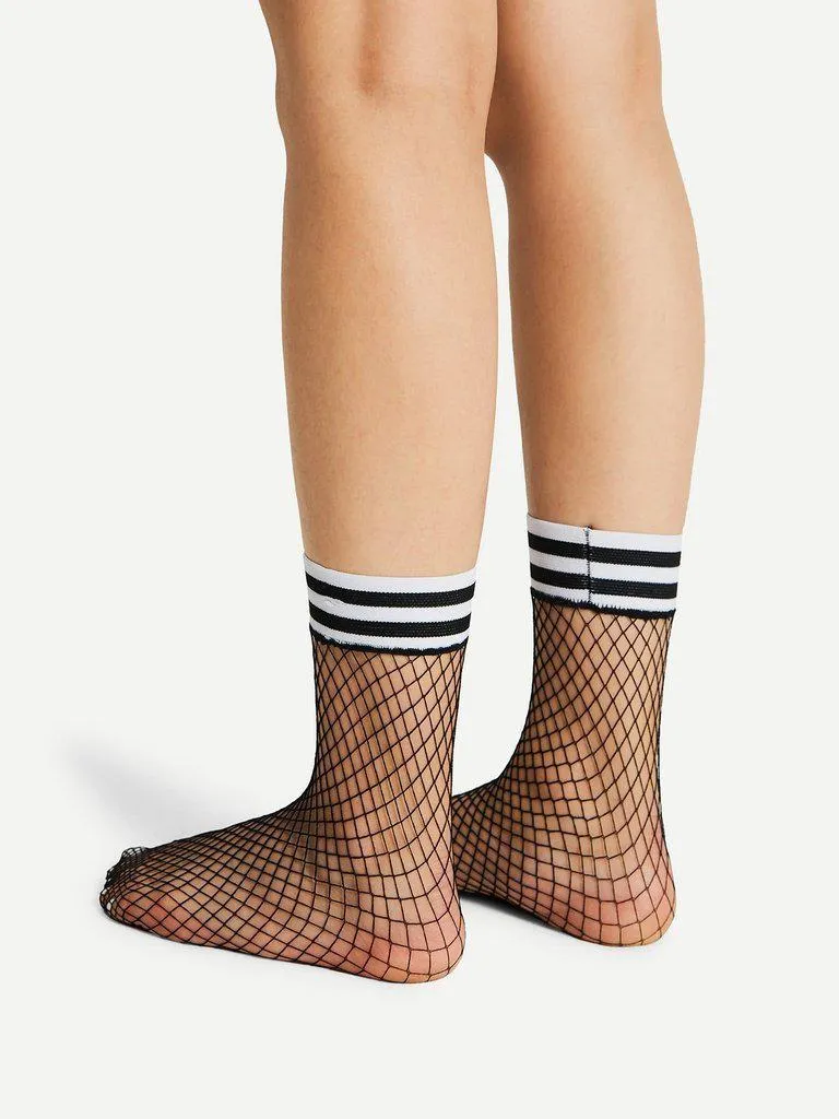 Striped Trim Fishnet Ankle Socks