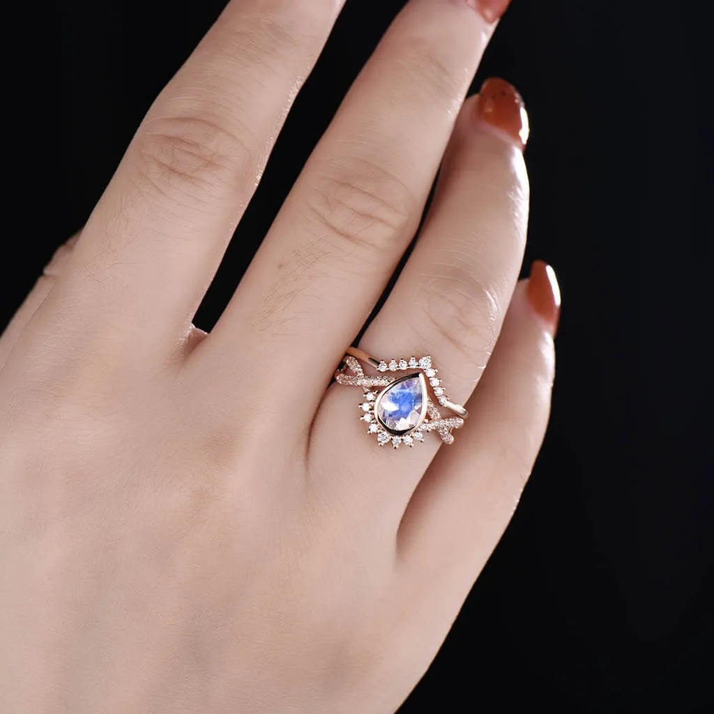 Twisted 1 Carat Pear Shaped Moonstone Bridal Set Rose gold Diamond Matching Band