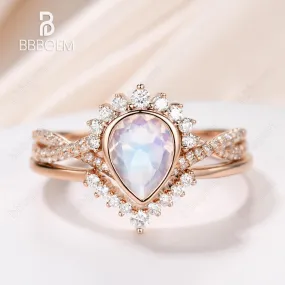 Twisted 1 Carat Pear Shaped Moonstone Bridal Set Rose gold Diamond Matching Band