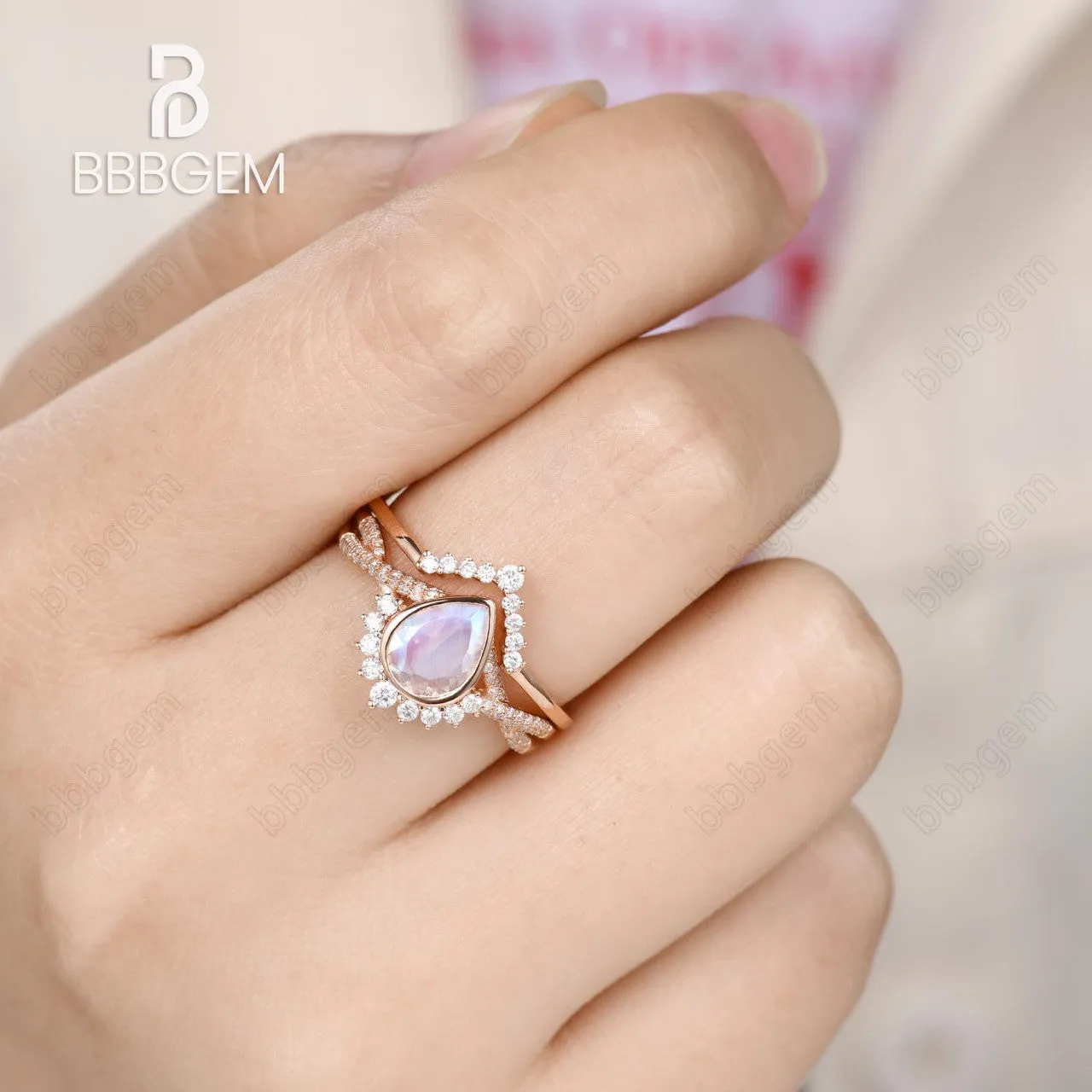 Twisted 1 Carat Pear Shaped Moonstone Bridal Set Rose gold Diamond Matching Band