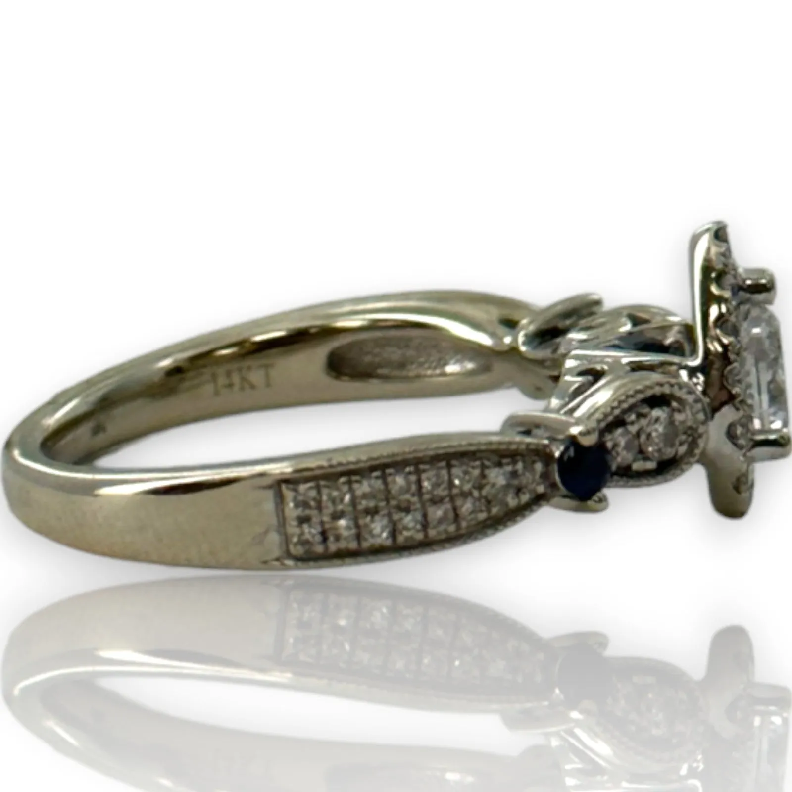 Vera Wang Love Collection Solid 14kt White Gold Pear Shaped Prong Set Diamond Engagement Wedding Ring with Diamond Halo and Sapphire Accents Size 7