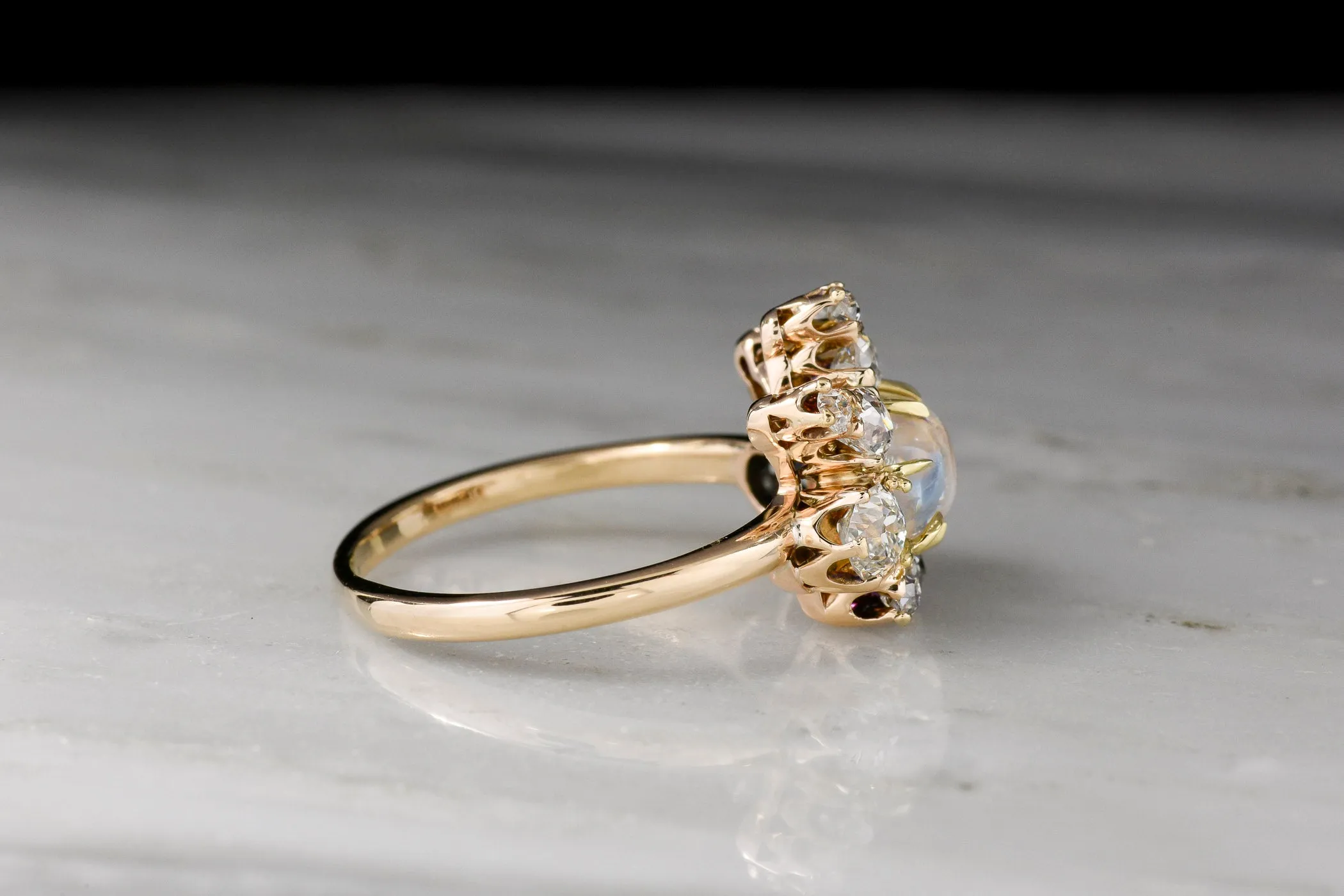 Victorian "Queen of the Night" Right-Hand Ring with a Moonstone Center and Old Mine Cut Diamonds in the Crown