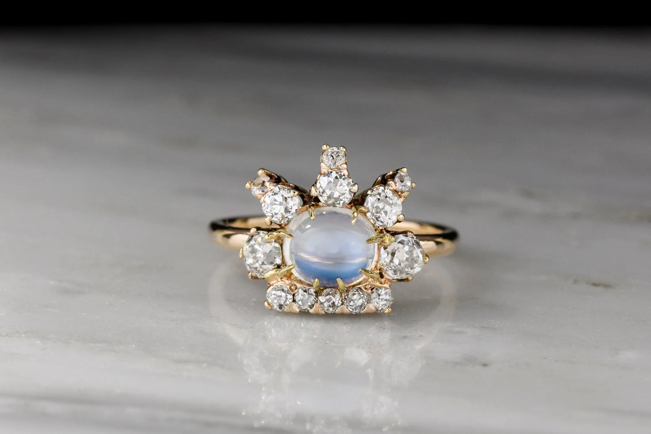 Victorian "Queen of the Night" Right-Hand Ring with a Moonstone Center and Old Mine Cut Diamonds in the Crown